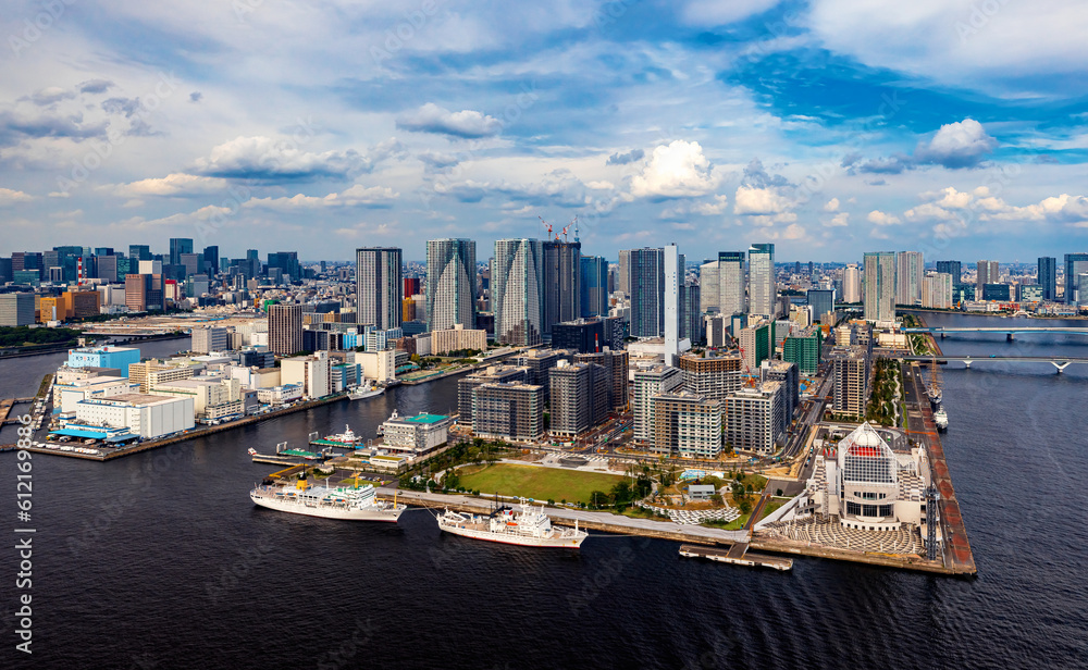 Aerial view of Odaiba Harbor in Minato City, Tokyo, Japan