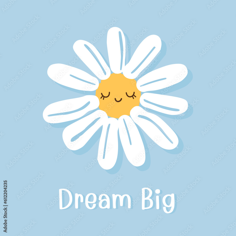 Sleeping daisy flower with hand written font on blue background vector illustration. Cute childish p