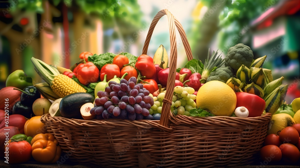 Farmers market, featuring a shopping basket filled with a vibrant assortment of organic, locally sou