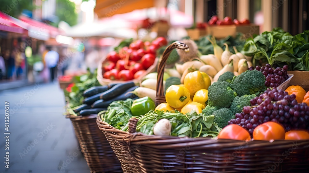 Farmers market, featuring a shopping basket filled with a vibrant assortment of organic, locally sou