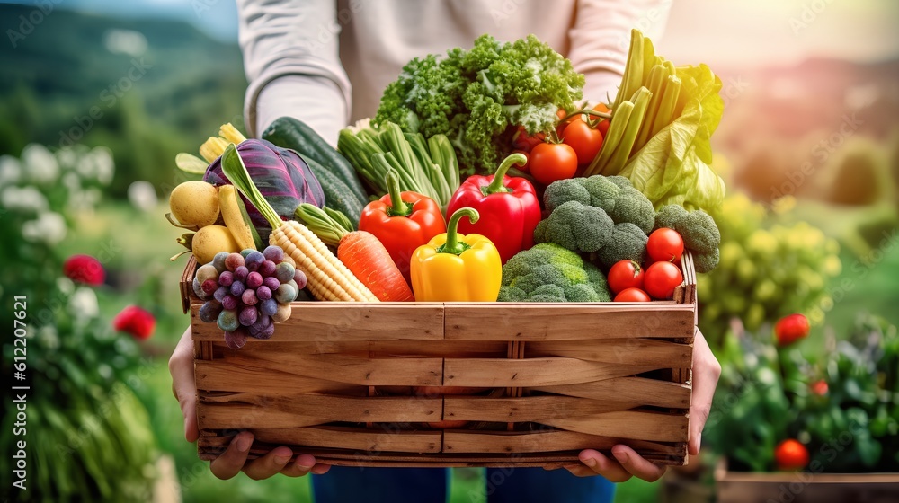 Farmers market, featuring a shopping basket filled with a vibrant assortment of organic, locally sou