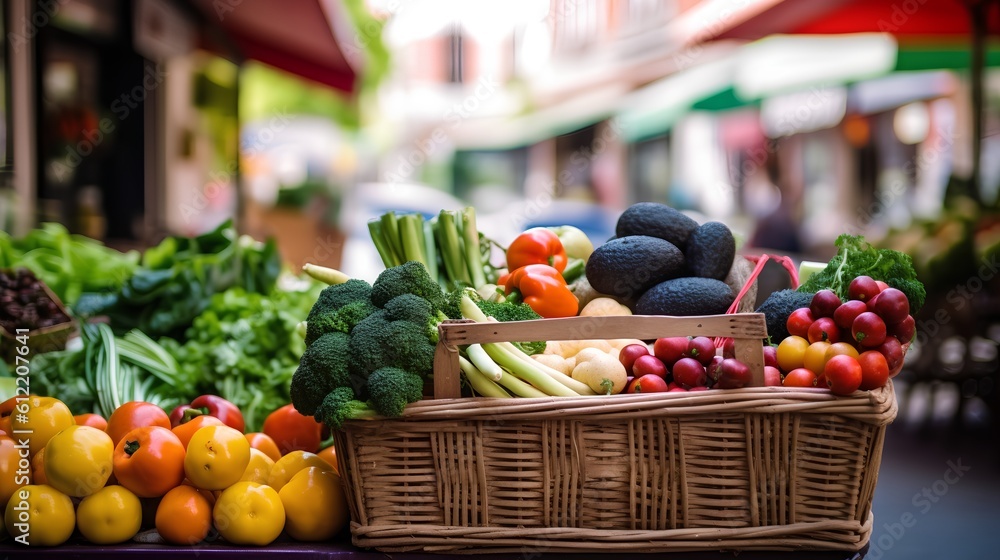 Farmers market, featuring a shopping basket filled with a vibrant assortment of organic, locally sou