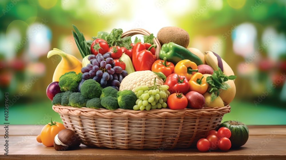 Farmers market, featuring a shopping basket filled with a vibrant assortment of organic, locally sou