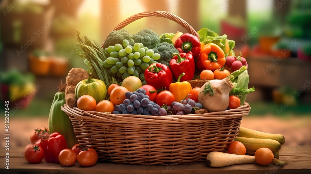 Farmers market, featuring a shopping basket filled with a vibrant assortment of organic, locally sou