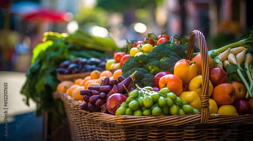 Farmers market, featuring a shopping basket filled with a vibrant assortment of organic, locally sou