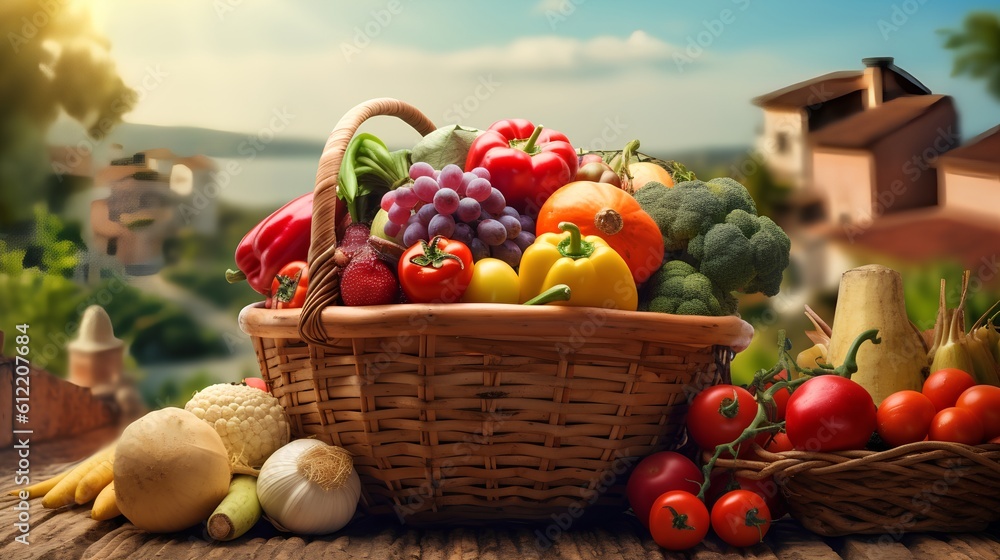 Farmers market, featuring a shopping basket filled with a vibrant assortment of organic, locally sou