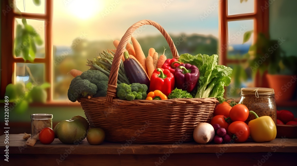 Farmers market, featuring a shopping basket filled with a vibrant assortment of organic, locally sou