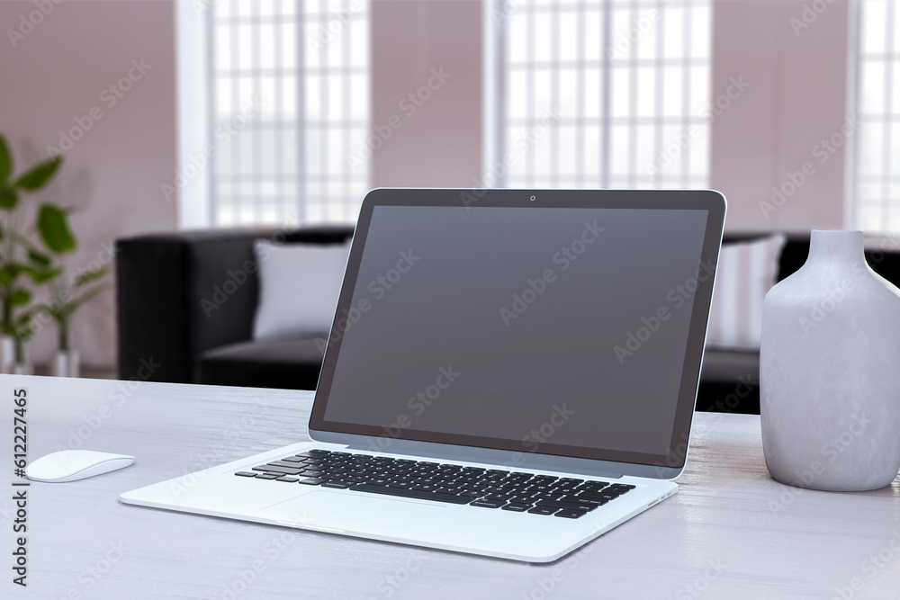 Close up of modern designer office workplace with empty mock up laptop screen and other items. Blurr