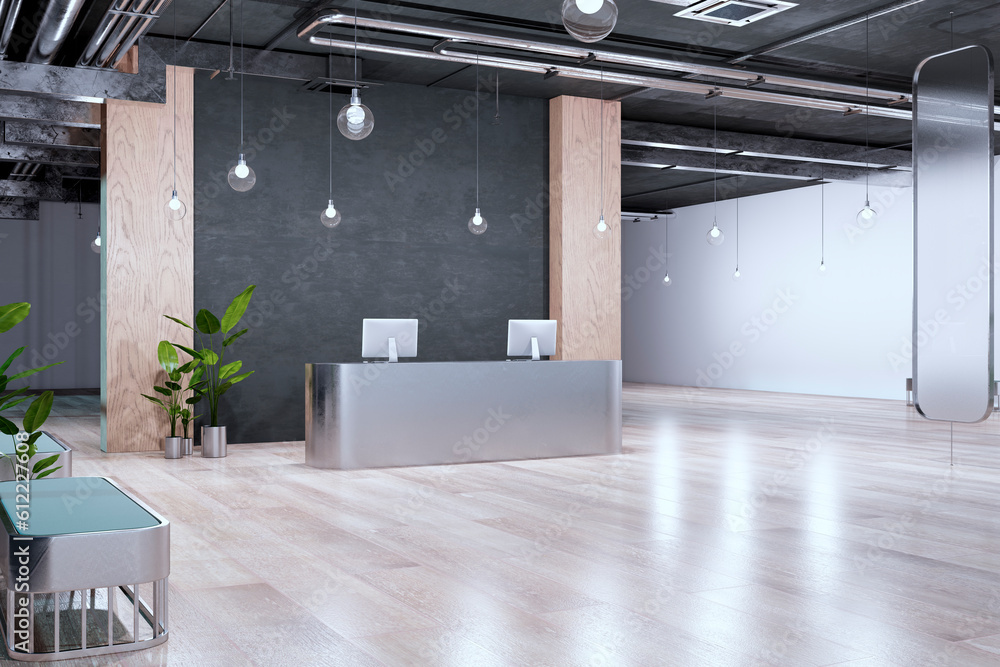 Modern office interior with reception desk and glass elements. 3D Rendering.