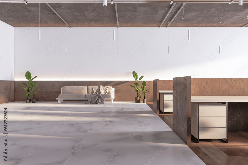 Modern concrete and wooden coworking office interior with daylight. 3D Rendering.