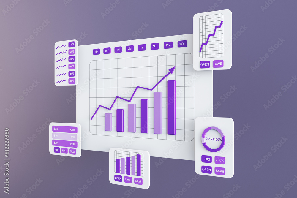 Perspective view on project statistics, financial data, growing sales charts, report preparation and