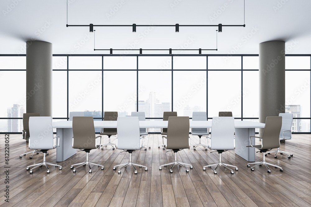 Modern spacious meeting room interior with white chairs, wooden parquet flooring and panoramic windo