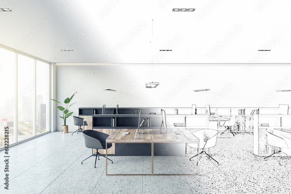 Design project of a modern office with an open plan design featuring a floor of concrete, comfortabl