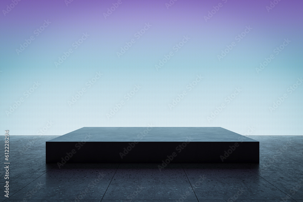 Blank blue light wall and concrete floor with square pedestal background. 3D Rendering