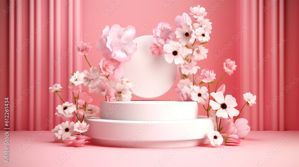 Podium with pink roses on pastel pink background to display products, gift or cosmetics. Generative 