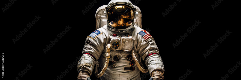 Portrait of astronaut floating in space. Front view on spacesuit technology. Generative AI