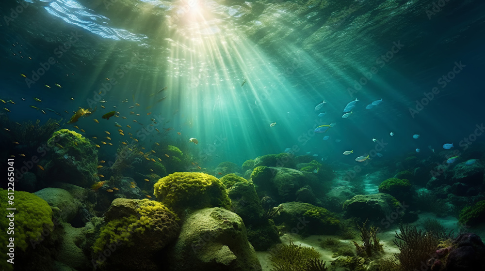 Underwater sunlight through the water surface seen from a rocky seabed with algae. Generative AI