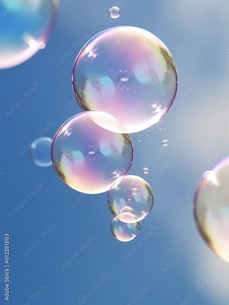 Transparent soap bubbles floating on blue gradient background. Created with Generative AI technology