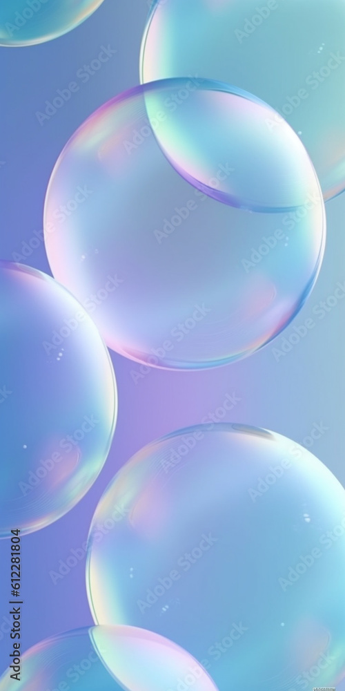 Transparent soap bubbles floating on blue pink gradient background. Created with Generative AI techn