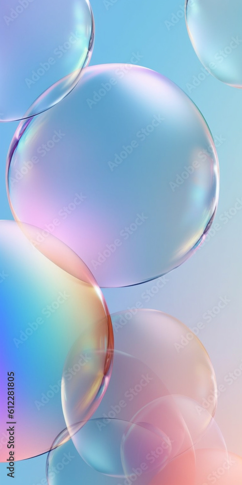 Transparent soap bubbles floating on blue pink gradient background. Created with Generative AI techn