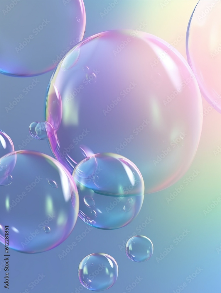 Transparent soap bubbles floating on iridescence gradient background. Created with Generative AI tec