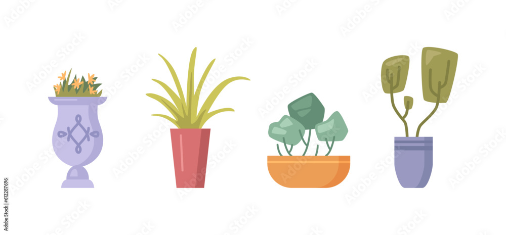 Plants in pot isolated park decoration elements flat cartoon illustration. Vector different indoor d