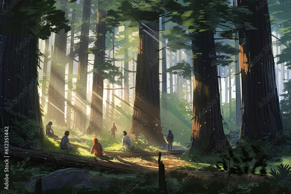 A serene forest scene watercolor illustration - Generative AI.