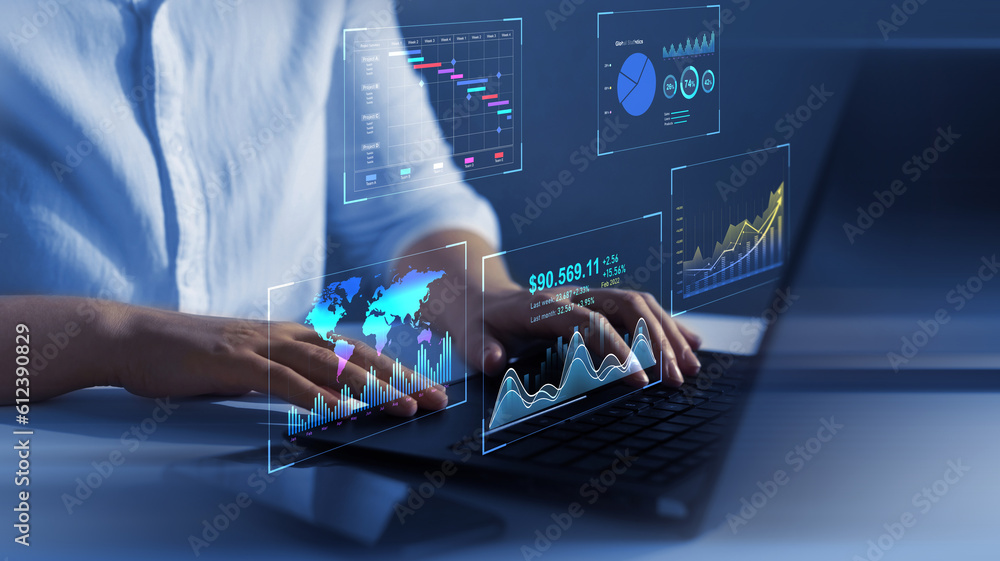 Business finance data analytics graph.Financial management technology.Advisor using KPI Dashboard on