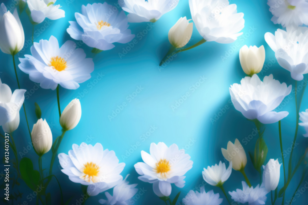 Beautiful floral composition in the form of a frame of white buttercups on a blue background using a