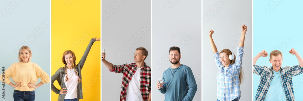 Collage of happy young people on light and color backgrounds