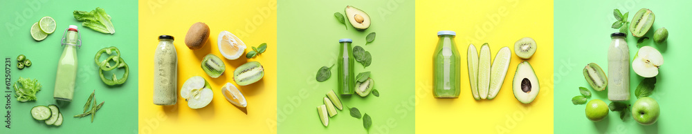 Collage of green smoothies in bottles on color background