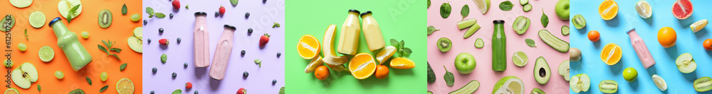 Collage of healthy smoothies in bottles on color background