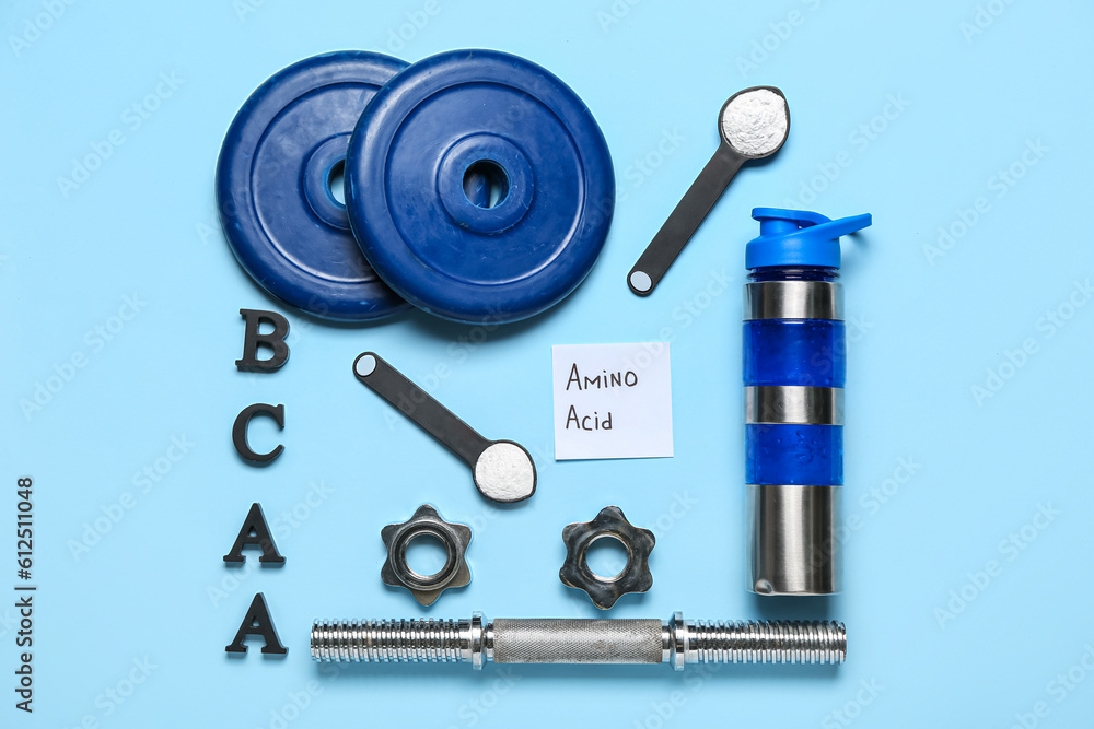 Composition with sports equipment, amino acid supplement and bottle of water on color background