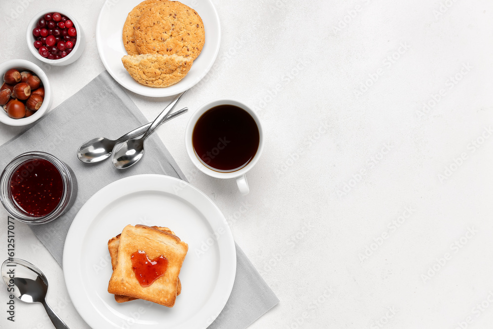 Plate with tasty toasts, cranberry jam, cookies and cup of coffee on light background