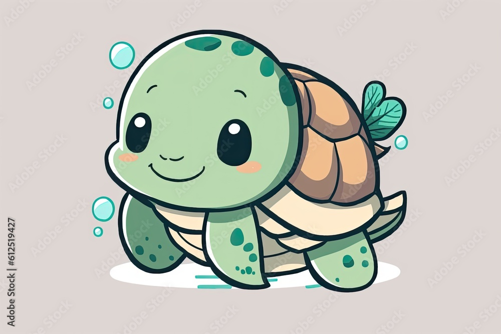 happy turtle with water bubbles on its shell. Generative AI