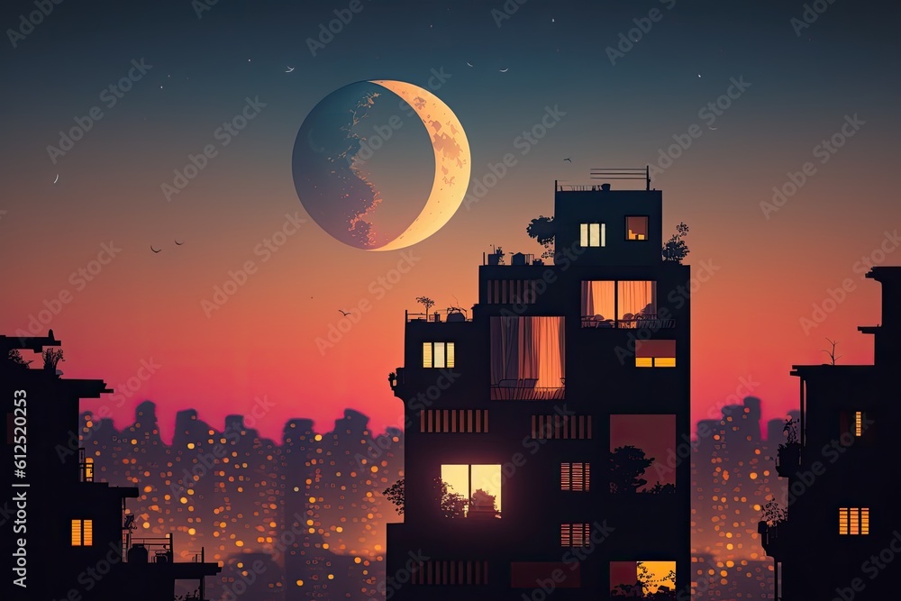 cityscape at night with a crescent moon in the sky. Generative AI