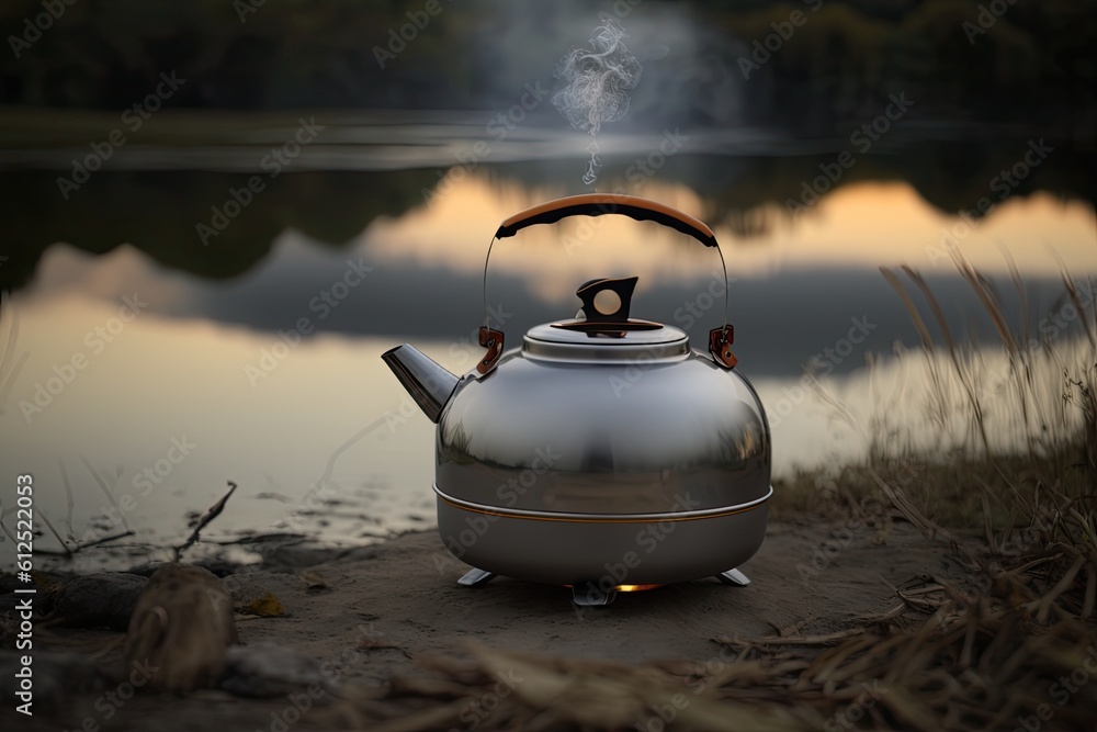 tea kettle placed on the serene shoreline of a tranquil lake. Generative AI