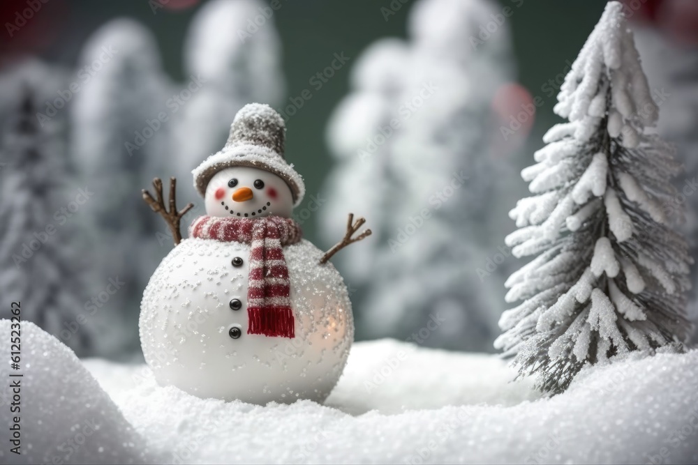 cheerful snowman standing in a snowy forest. Generative AI