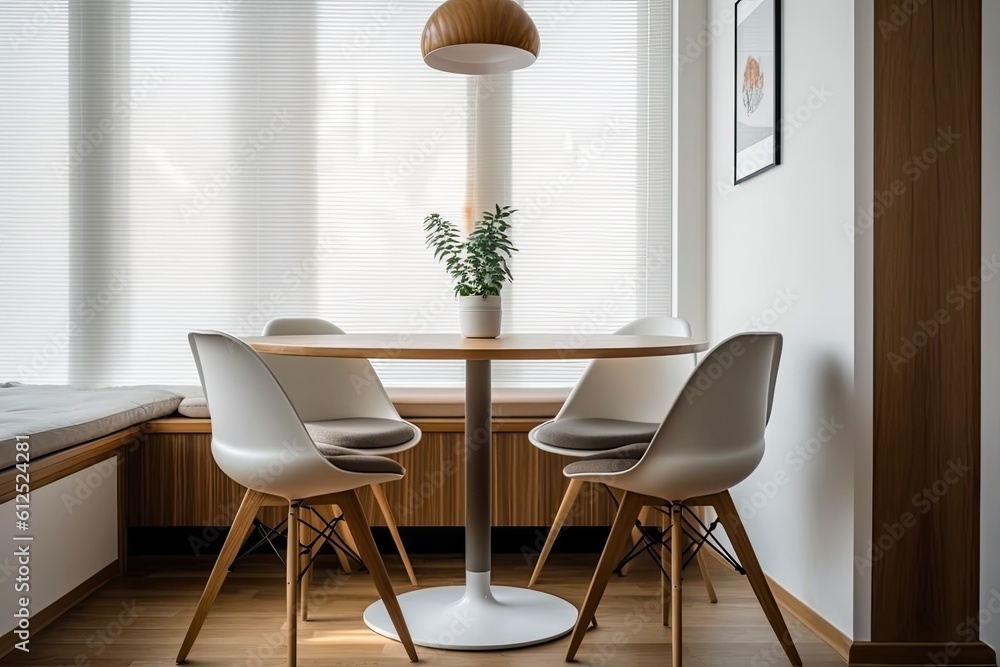 modern dining room with a round table and white chairs. Generative AI