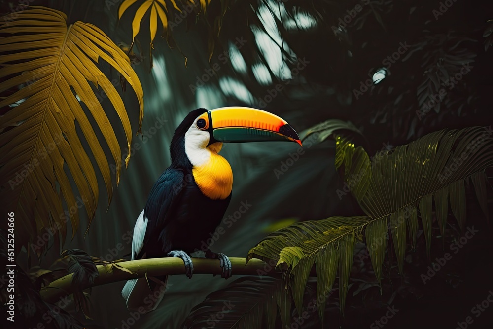 colorful toucan perched on a lush green branch in the jungle. Generative AI