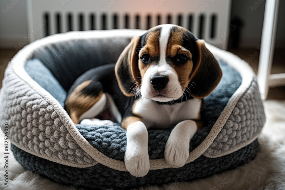 cute beagle puppy relaxing in a cozy dog bed. Generative AI