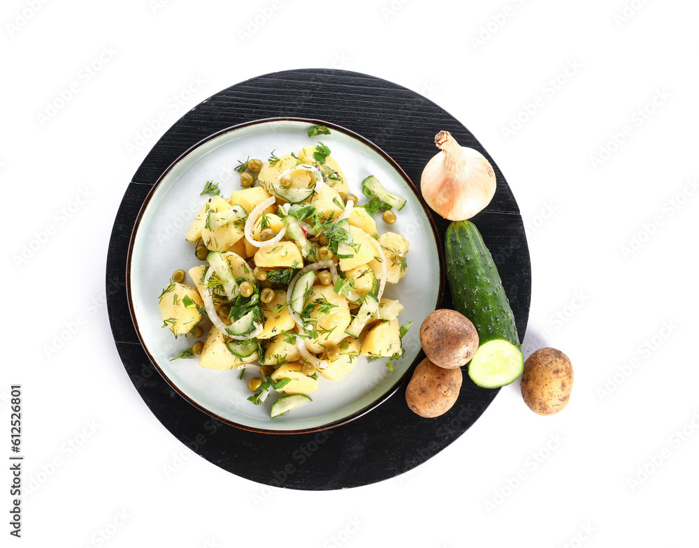 Plate of tasty Potato Salad with vegetables on white background