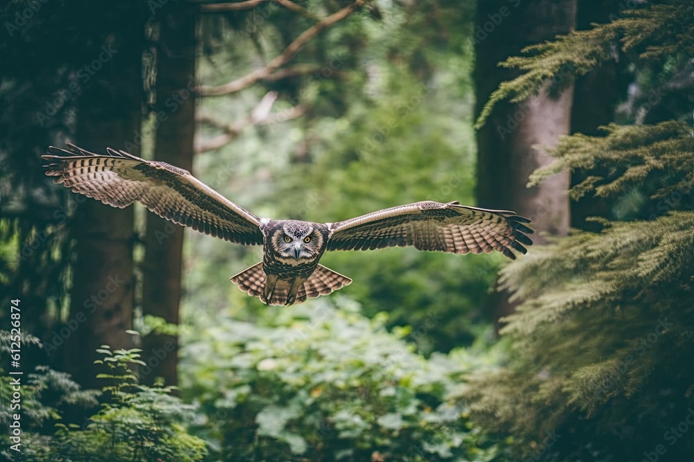 majestic owl soaring through a dense forest. Generative AI