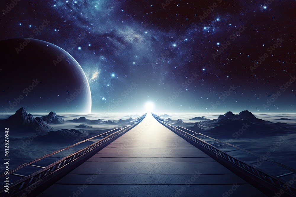 futuristic walkway leading to a distant planet in outer space. Generative AI