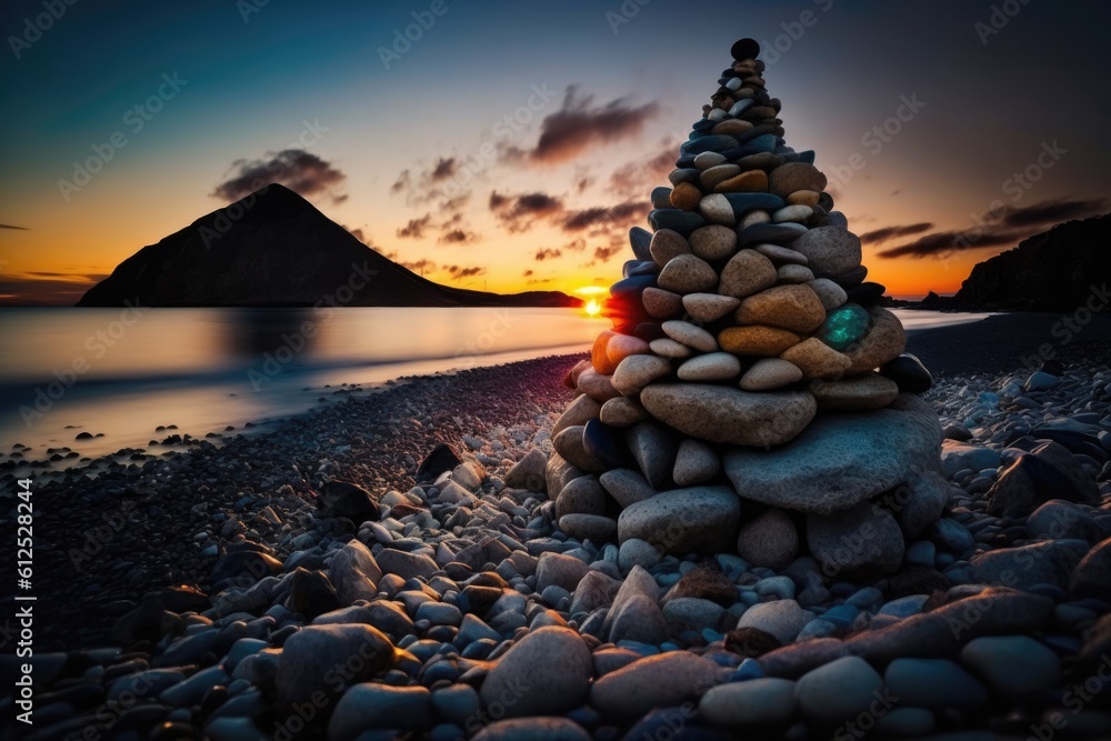 stack of smooth stones arranged on a sandy beach. Generative AI