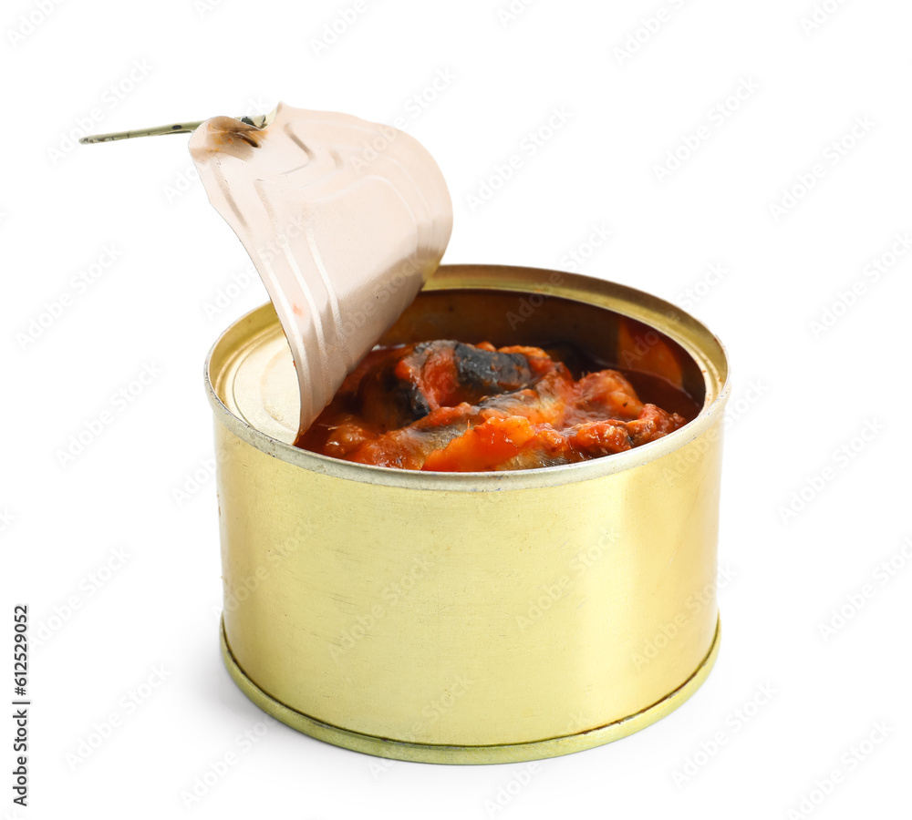 Opened tin can with fish in tomato sauce isolated on white background