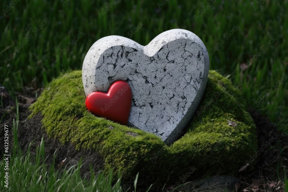 heart-shaped rock on a vibrant green meadow. Generative AI