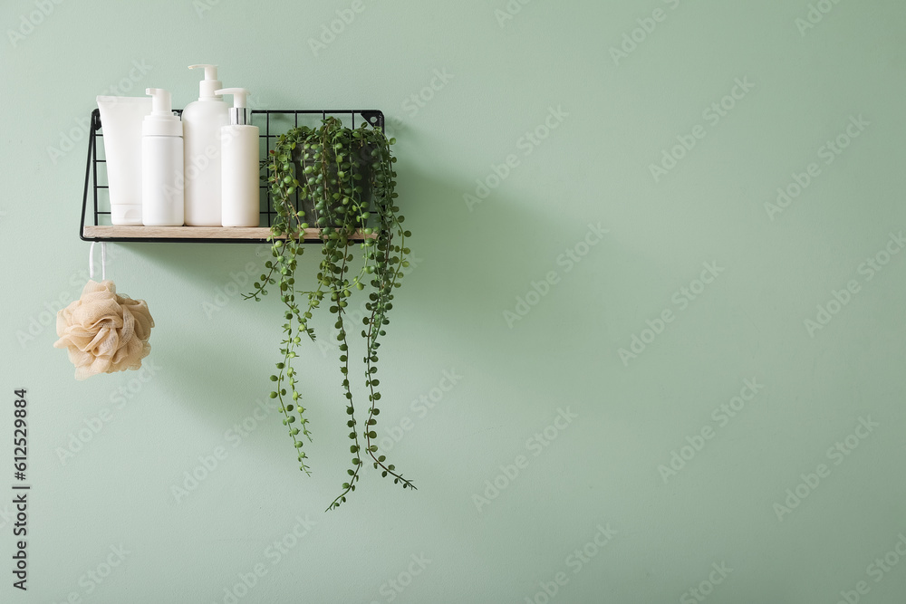 Shelf with bath accessories and houseplant on green wall