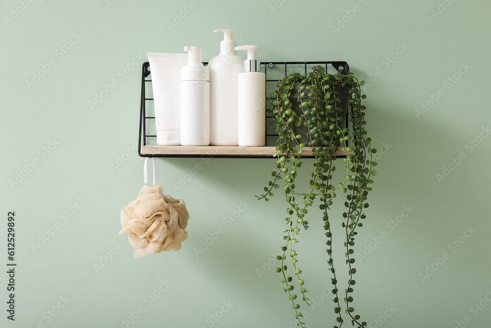 Shelf with bath accessories and houseplant on green wall