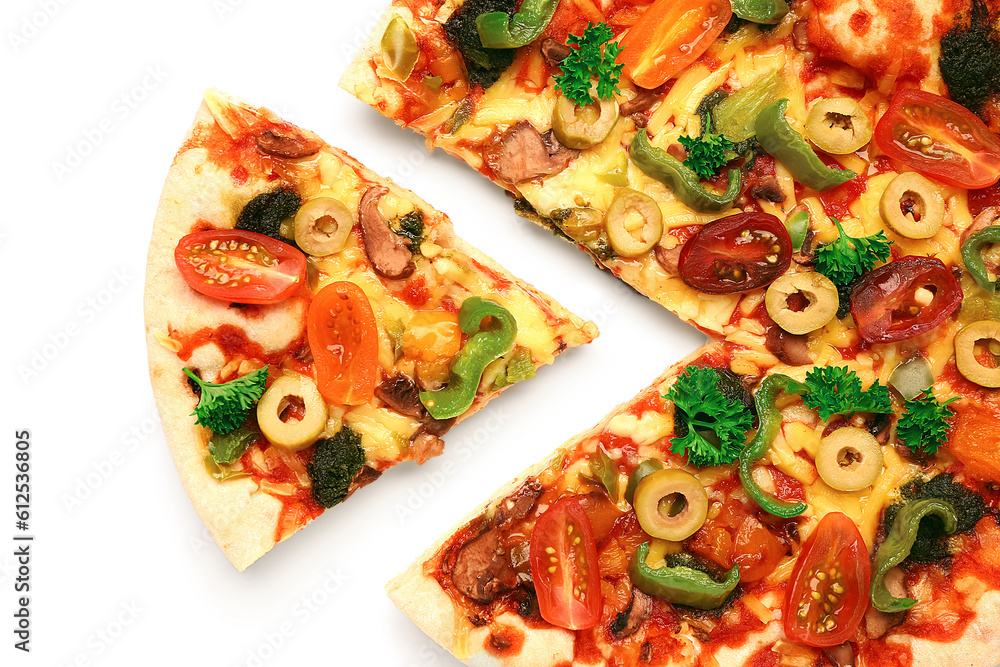 Sliced vegetable pizza on white background